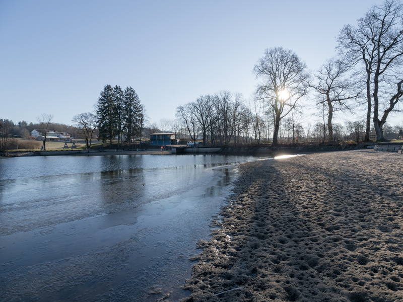 Ein gefrorener See mit einer sandigen Uferzone und Bäumen im Hintergrund, während die Sonne zwischen den Ästen scheint.