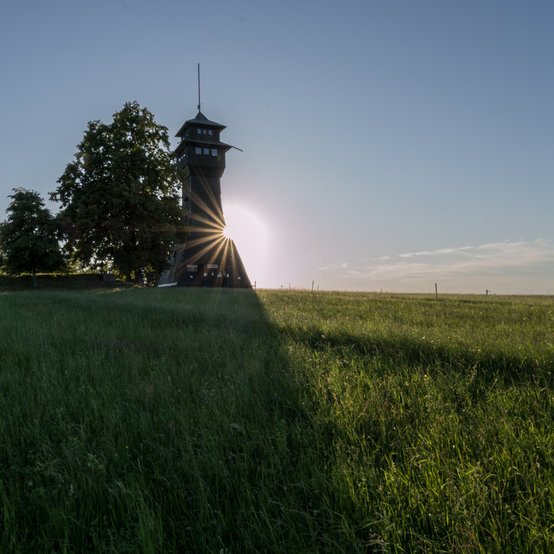 Ein hölzerner Aussichtsturm steht auf einer Wiese, während die Sonne dahinter untergeht und ihre Strahlen durch den Turm hindurchscheinen.