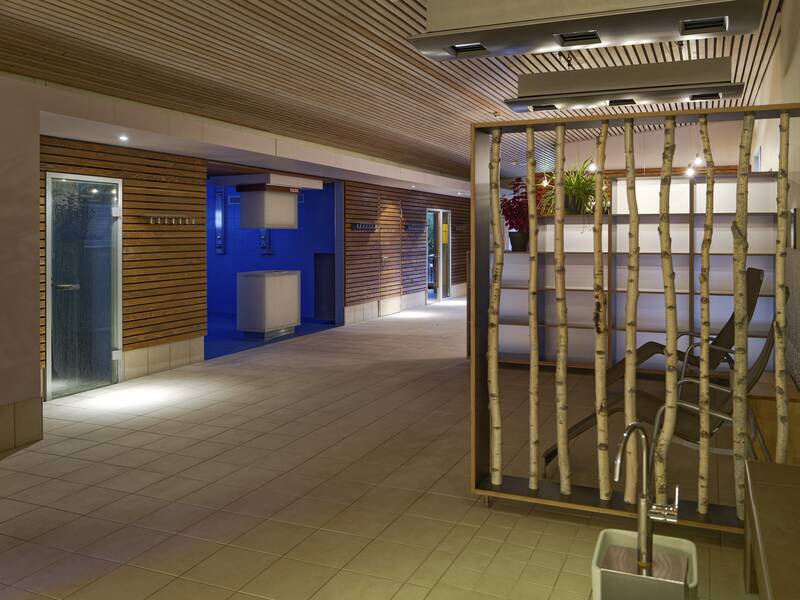 Ein moderner Wellnessbereich mit Holzwänden, einem Sitzbereich hinter birkenstämmigen Trennelementen und blauer Akzentbeleuchtung.