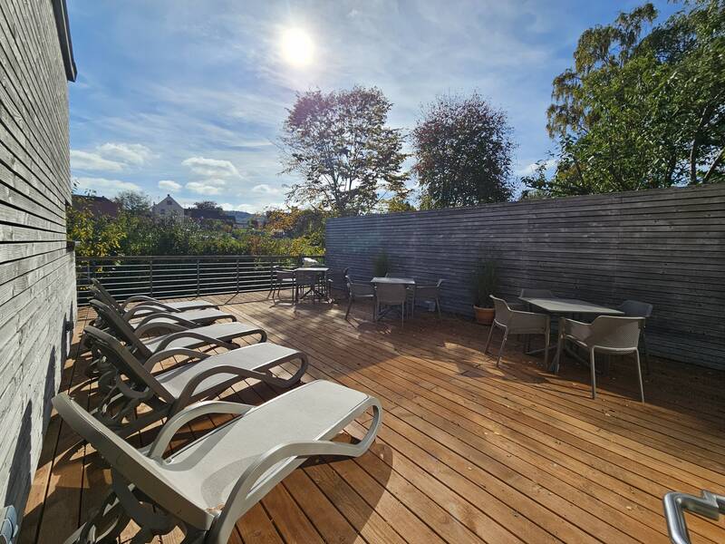 Eine sonnendurchflutete Holzterrasse mit Liegestühlen und Tischgruppen, umgeben von grüner Vegetation und einem Holzzaun.