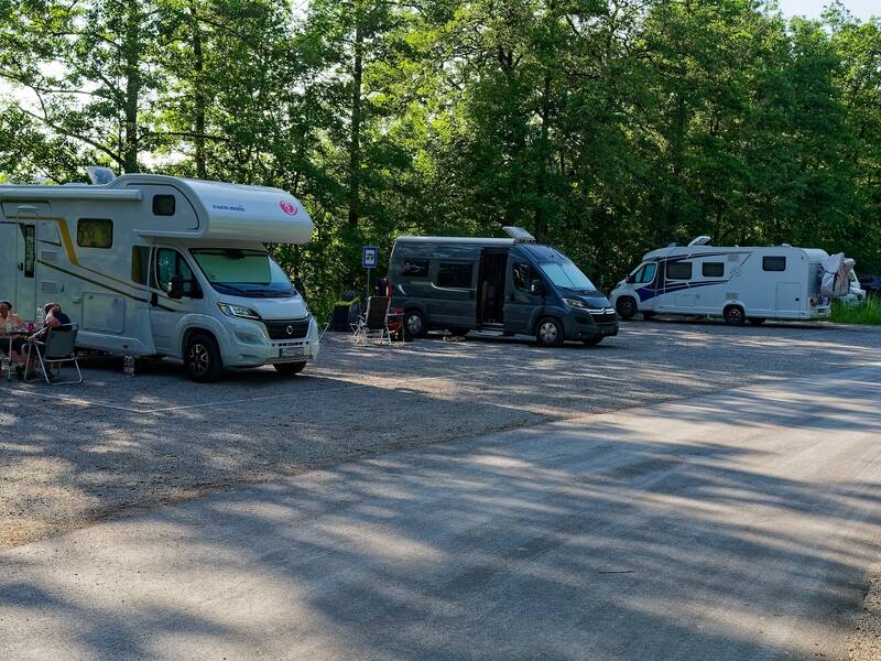 Drei Wohnmobile stehen auf einem Parkplatz neben einem Wald, wobei zwei Personen mit Hund im Schatten vor einem der Fahrzeuge sitzen.