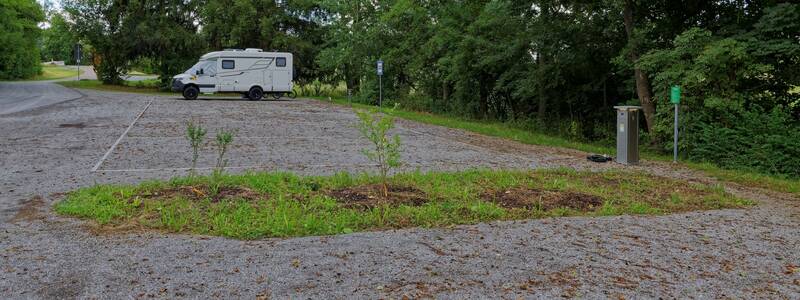 Ein Wohnmobil steht auf einem Parkplatz neben einer grünen, mit Bäumen gesäumten Wiese.