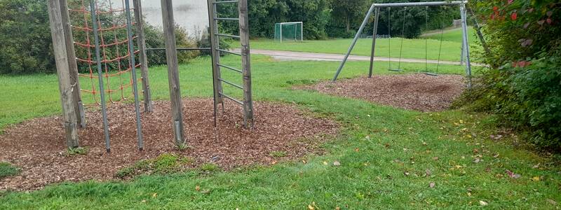 Ein Spielplatz mit Klettergerüst und Schaukeln steht auf einem Rasen umgeben von Bäumen und Sträuchern.