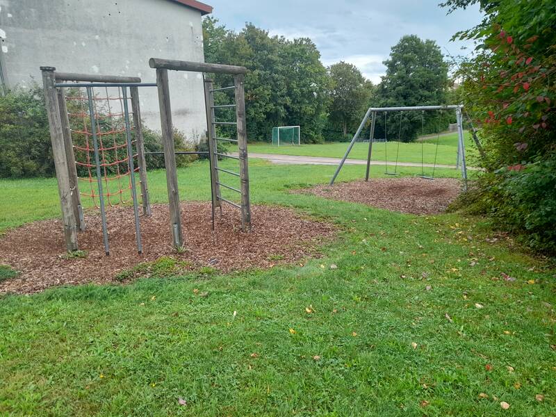 Ein Spielplatz mit Klettergerüst und Schaukeln steht auf einem Rasen umgeben von Bäumen und Sträuchern.