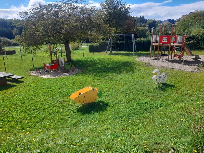 Ein grüner Spielplatz mit Schaukeln, einem Klettergerüst und tierförmigen Federspielgeräten steht unter einem Baum bei sonnigem Wetter.