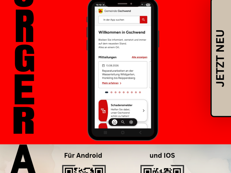 Auf einem rot-schwarzen Hintergrund wird eine Bürger-App beworben, die auf einem Smartphone dargestellt ist, mit zusätzlichen QR-Codes für den Download auf Android und iOS.