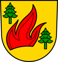 Das Bild zeigt ein Wappen mit zwei grünen Tannen und einer roten Flamme auf gelbem Hintergrund.